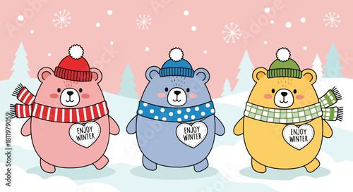 Kawaii bears in scarves and beanies with “Enjoy Winter” accents in snowy seamless design. Ideal for kids’ apparel, winter packaging, cute branding, and seasonal illustrations