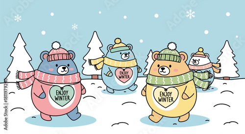 Kawaii bears in scarves and beanies with “Enjoy Winter” accents in snowy seamless design. Ideal for kids’ apparel, winter packaging, cute branding, and seasonal illustrations