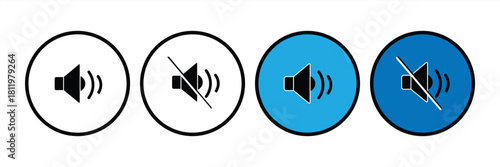 Speaker set icon. Volume icon. Loudspeaker icon. Flat icon for muting and unmuting sound volume for video applications and websites. Vector illustration