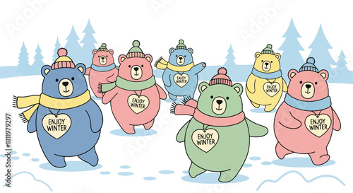 Kawaii bears in scarves and beanies with “Enjoy Winter” accents in snowy seamless design. Ideal for kids’ apparel, winter packaging, cute branding, and seasonal illustrations
