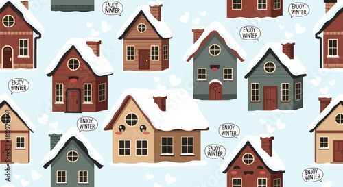 Chibi winter village with smiling houses, snowy roofs, and “Enjoy Winter” bubbles. Ideal for greeting cards, holiday backgrounds, kids’ décor, and seasonal wallpaper designs