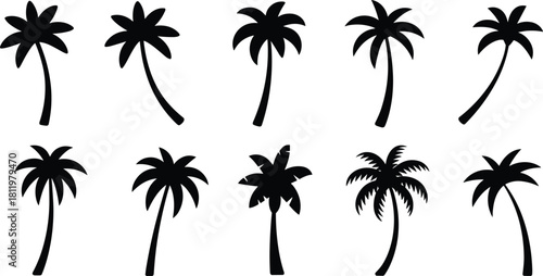 “Collection of tropical palm tree silhouettes for summer design, beach vacation graphics, nature icons, exotic island illustration elements in vector format”