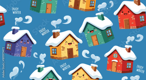 Chibi winter village with smiling houses, snowy roofs, and “Enjoy Winter” bubbles. Ideal for greeting cards, holiday backgrounds, kids’ décor, and seasonal wallpaper designs