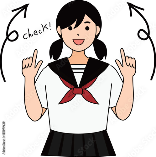 チェックを促す女子学生の指差し姿イラスト