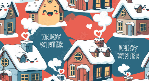 Chibi winter village with smiling houses, snowy roofs, and “Enjoy Winter” bubbles. Ideal for greeting cards, holiday backgrounds, kids’ décor, and seasonal wallpaper designs