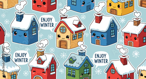Chibi winter village with smiling houses, snowy roofs, and “Enjoy Winter” bubbles. Ideal for greeting cards, holiday backgrounds, kids’ décor, and seasonal wallpaper designs
