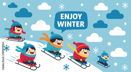 Adorable chibi kids sledding on snowy hills with tiny “Enjoy Winter” bubbles. Ideal for school décor, kids’ wallpapers, seasonal prints, and joyful winter illustrations