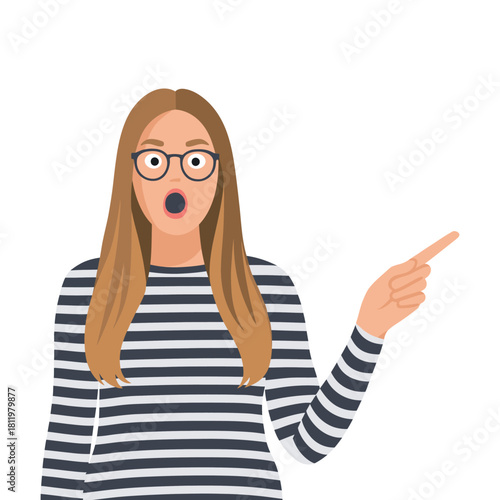 Captivating flat vector animation of a surprised woman pointing right, ideal for clean presentation background and engaging digital content