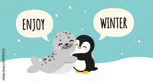 Kawaii seal and penguin hugging under falling snow with “Enjoy Winter” captions. Ideal for kids’ stationery, winter décor, cute merchandise, and seasonal character designs
