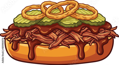 Flat Vector of Open-Faced BBQ Pulled Pork Sandwich with Toasted Brioche, Shredded Pork in Dark Sauce, Pickles, Onion Rings in Warm Colors for Food and BBQ Concept
