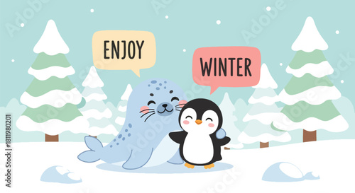 Kawaii seal and penguin hugging under falling snow with “Enjoy Winter” captions. Ideal for kids’ stationery, winter décor, cute merchandise, and seasonal character designs