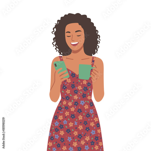 Young woman with coffee in hand happily texting on her smartphone, white background, animation style illustration