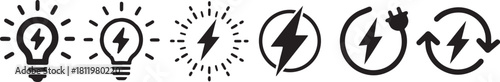 Lightning Bolt Icon Set – Electric Power Lightning Symbols Vector Isolated on White Background