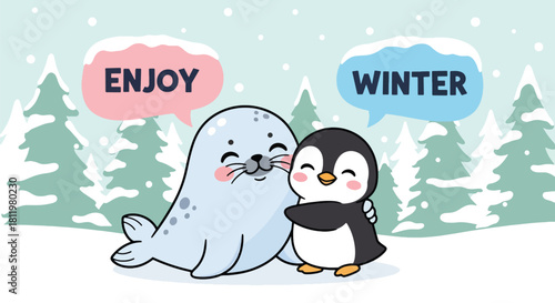 Kawaii seal and penguin hugging under falling snow with “Enjoy Winter” captions. Ideal for kids’ stationery, winter décor, cute merchandise, and seasonal character designs