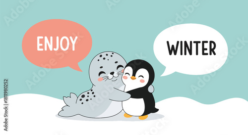 Kawaii seal and penguin hugging under falling snow with “Enjoy Winter” captions. Ideal for kids’ stationery, winter décor, cute merchandise, and seasonal character designs