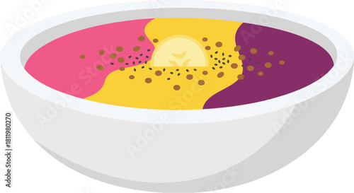 Rainbow Smoothie Bowl in White Coconut Shell with Dragon Fruit, Mango, Blueberry, Granola, Chia Seeds, Banana in Flat Design for Healthy Food and Acai Bowl Concept