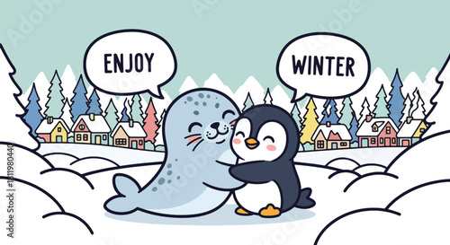 Kawaii seal and penguin hugging under falling snow with “Enjoy Winter” captions. Ideal for kids’ stationery, winter décor, cute merchandise, and seasonal character designs