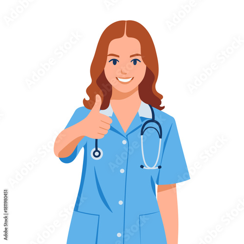 A cheerful female nurse animation with a thumbs up sign on a white background, representing a positive medical flat vector23.eps concept