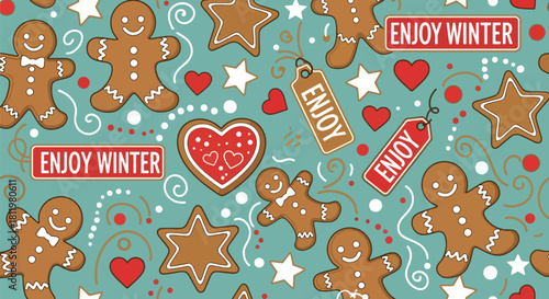 Smiling gingerbread cookies, stars, and hearts scattered with “Enjoy Winter” labels. Ideal for bakery themes, kids’ prints, holiday packaging, and sweet winter designs