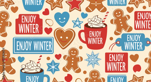 Smiling gingerbread cookies, stars, and hearts scattered with “Enjoy Winter” labels. Ideal for bakery themes, kids’ prints, holiday packaging, and sweet winter designs