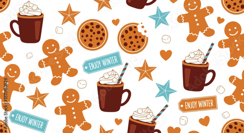 Smiling gingerbread cookies, stars, and hearts scattered with “Enjoy Winter” labels. Ideal for bakery themes, kids’ prints, holiday packaging, and sweet winter designs