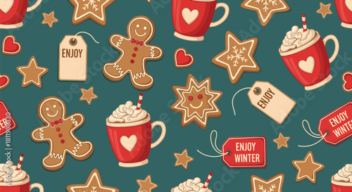 Smiling gingerbread cookies, stars, and hearts scattered with “Enjoy Winter” labels. Ideal for bakery themes, kids’ prints, holiday packaging, and sweet winter designs