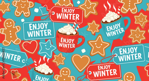 Smiling gingerbread cookies, stars, and hearts scattered with “Enjoy Winter” labels. Ideal for bakery themes, kids’ prints, holiday packaging, and sweet winter designs