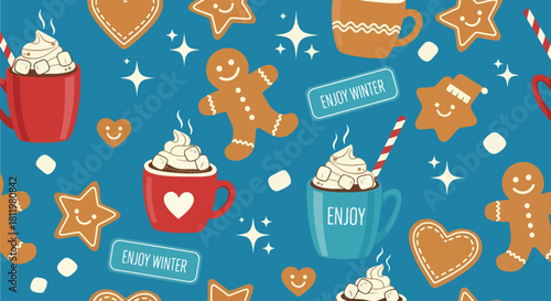 Smiling gingerbread cookies, stars, and hearts scattered with “Enjoy Winter” labels. Ideal for bakery themes, kids’ prints, holiday packaging, and sweet winter designs