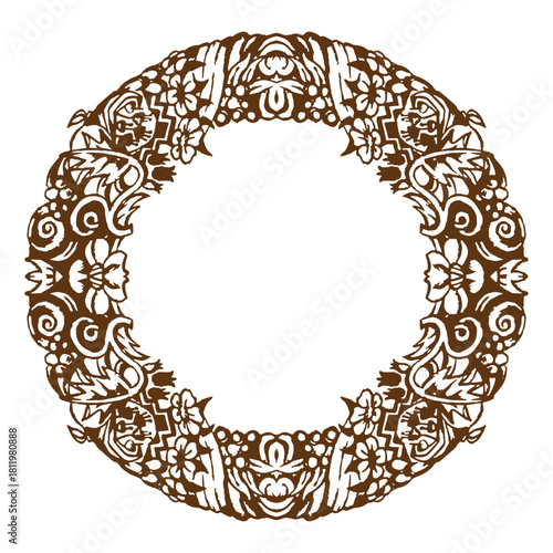 A round frame of hand-drawn floral and other decorative elements. Vector illustration