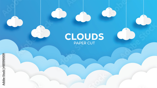 Paper cut clouds hang against a bright blue sky background
