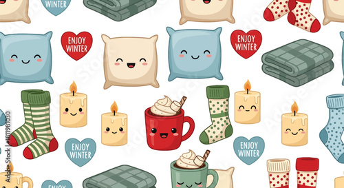 Kawaii pillows, blankets, socks, candles, and cocoa mugs arranged with “Enjoy Winter” icons. Ideal for cozy winter décor, packaging, textile patterns, and cute seasonal art