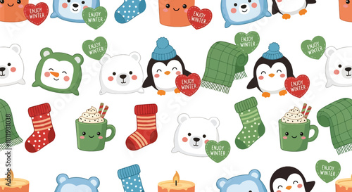 Kawaii pillows, blankets, socks, candles, and cocoa mugs arranged with “Enjoy Winter” icons. Ideal for cozy winter décor, packaging, textile patterns, and cute seasonal art