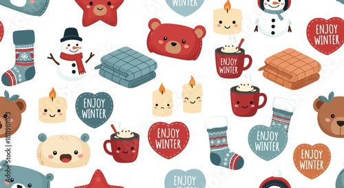 Kawaii pillows, blankets, socks, candles, and cocoa mugs arranged with “Enjoy Winter” icons. Ideal for cozy winter décor, packaging, textile patterns, and cute seasonal art