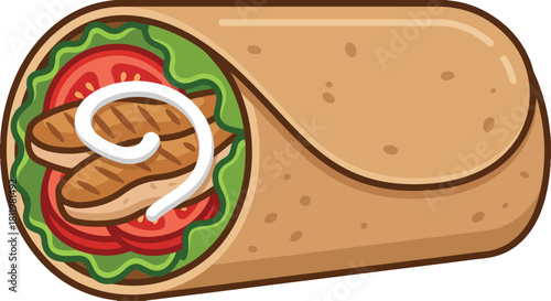 Flat Vector of a Grilled Chicken Wrap with Whole Wheat Tortilla, Chicken Strips, Lettuce, Tomato, and White Sauce in Clean Cylindrical Shape for Food and Healthy Eating Concept