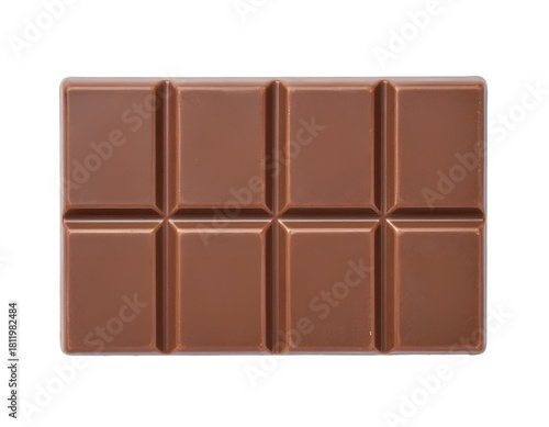 Milk chocolate bar with rectangular pieces and smooth surface from top view on isolated background
