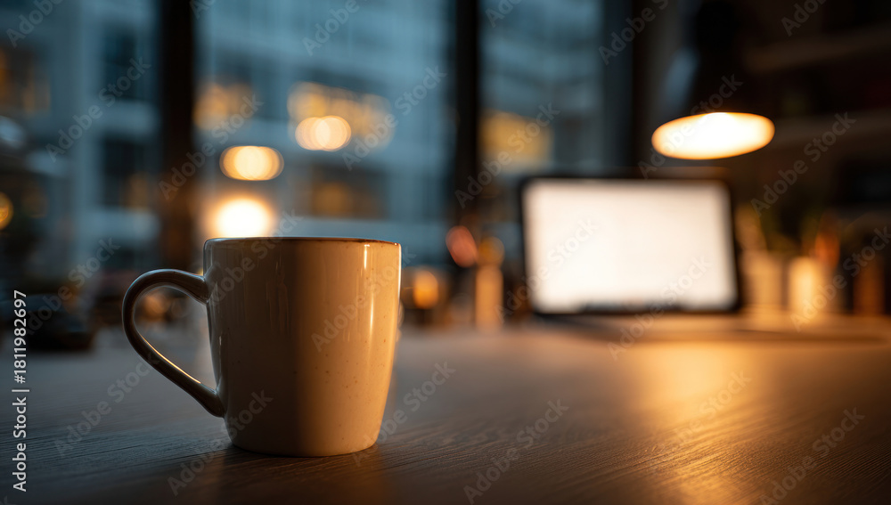 Fototapeta premium A cozy scene features a white ceramic mug on a wooden desk, illuminated by a warm lamp and with a blurred view of city lights visible through the window in the evening atmosphere.