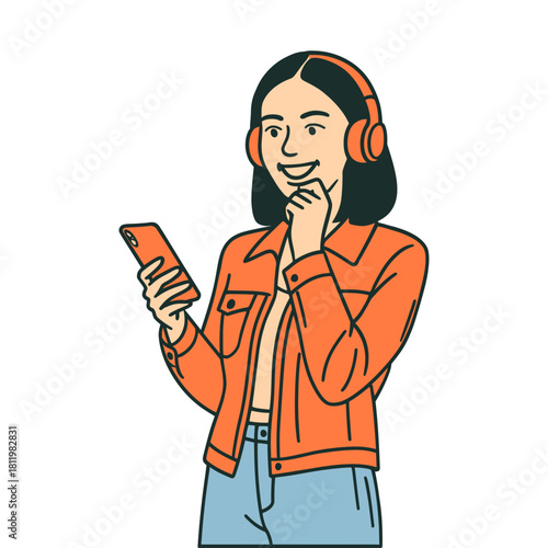 Joyful young woman listening to music on smartphone, a charming flat vector animation for various backgrounds