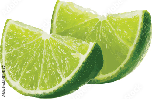 Two lime wedges isolated on, close up studio shot