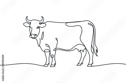 One Line Drawing of Standing Cow on Transparent Background