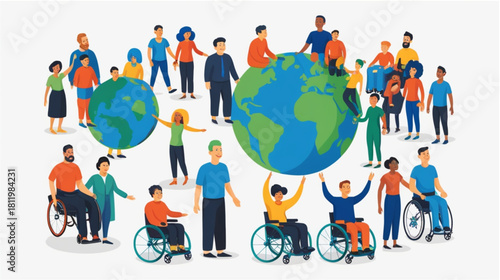 A dynamic, colorful vector illustration showcasing a large, diverse group of people interacting with two Earth globes. The crowd includes individuals of different ethnicities, genders, and abilities, 