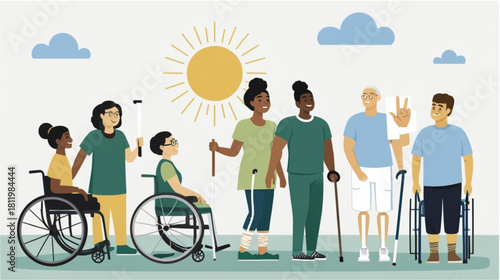 A flat vector illustration representing the "International Day of Persons with Disabilities". The image features a diverse group of seven adults, some standing and two using assistive devices 