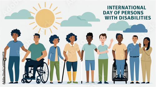 A flat vector illustration representing the "International Day of Persons with Disabilities". The image features a diverse group of seven adults, some standing and two using assistive devices 