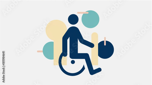 A modern, stylized graphic featuring the international Wheelchair Symbol of Access (a person in a wheelchair). The figure is rendered in solid blue and is centered against a background of abstract, 