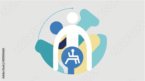 A modern, stylized graphic featuring the international Wheelchair Symbol of Access (a person in a wheelchair). The figure is rendered in solid blue and is centered against a background of abstract, 