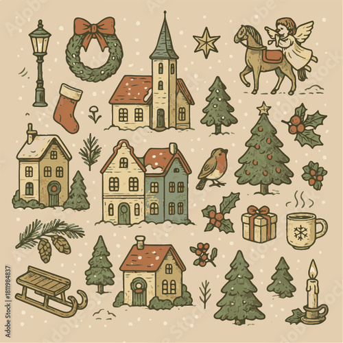 Retro Holiday Village Winter Line Art Collection