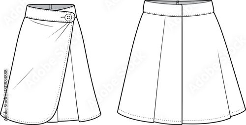 Wrap skirt and A-line skirt technical fashion flats with button closure, panel seams, waistband details, and clean vector illustration