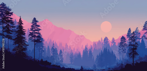 Beautiful landscape with mountains and forest at sunset illustration