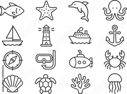 Sea Life & Nautical Line Icons Set