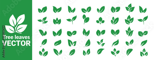 Collection of small green tree leaves vector for ecological and natural designs