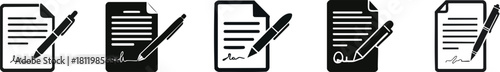 A collection of icons featuring documents and pens, symbolizing signing, agreements, and paperwork.